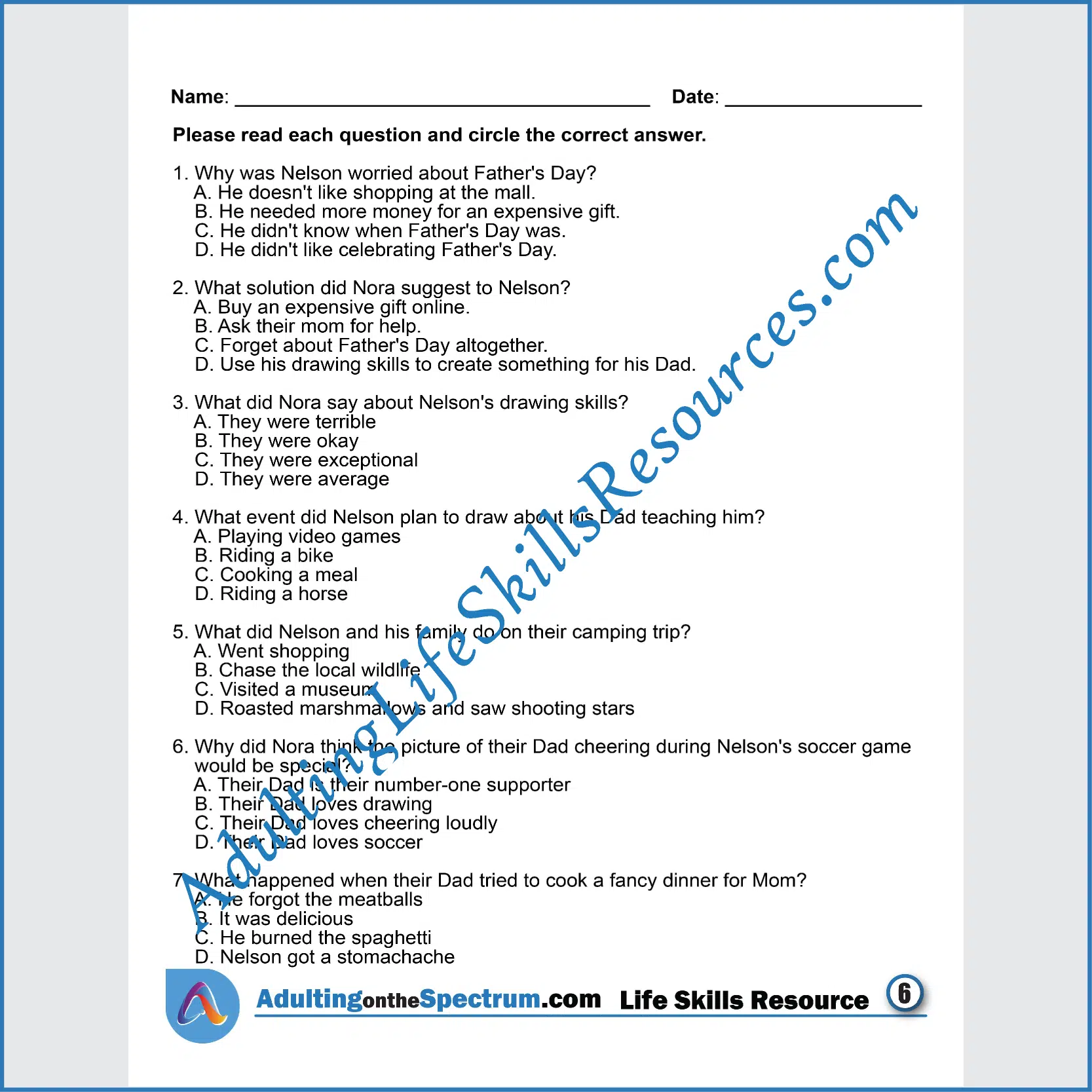Adulting Life Skills Resources SPED Seasonal Social Skills printable for middle and high school students covers celebrating Father's Day.