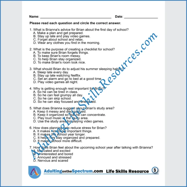 Adulting Life Skills Resources SPED Seasonal Social Skills printable for middle and high school students covers how to prepare for the First Day of School.
