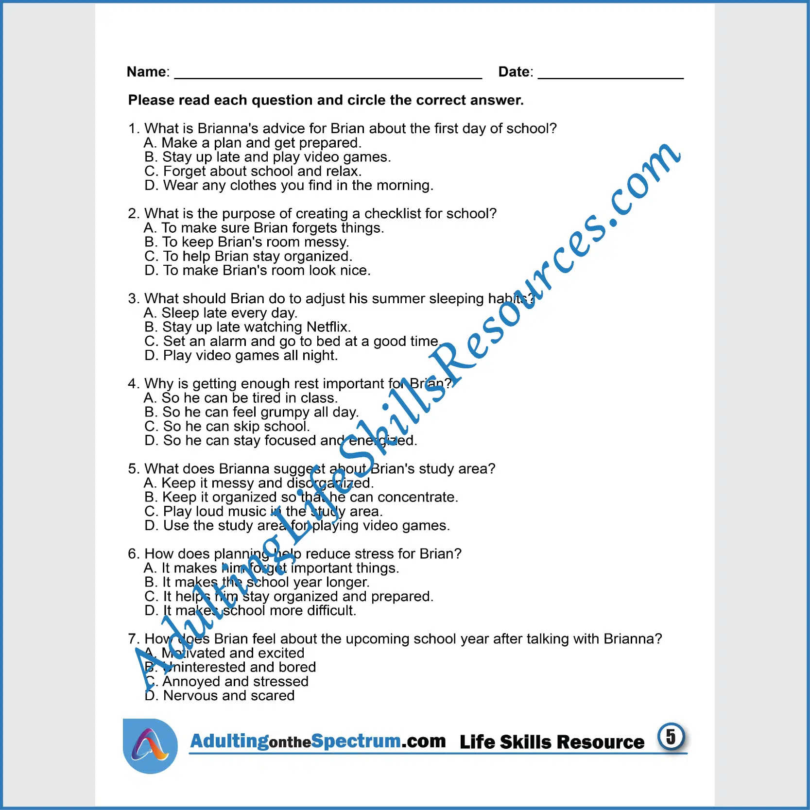 Adulting Life Skills Resources SPED Seasonal Social Skills printable for middle and high school students covers how to prepare for the First Day of School.