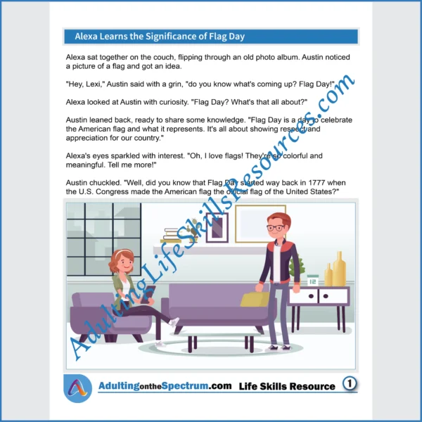 Adulting Life Skills Resources SPED Seasonal Social Skills handouts for teens and young adults cover celebrating Flag Day.