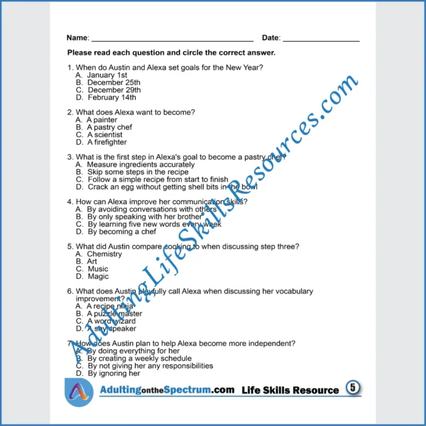 Adulting Life Skills Resources SPED Seasonal Social Skills printable for middle and high school students covers setting goals for the New Year.