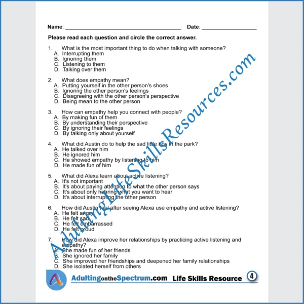 Adulting Life Skills Resources SPED Social Skills printable for middle and high school students covers the Importance of Empathy.