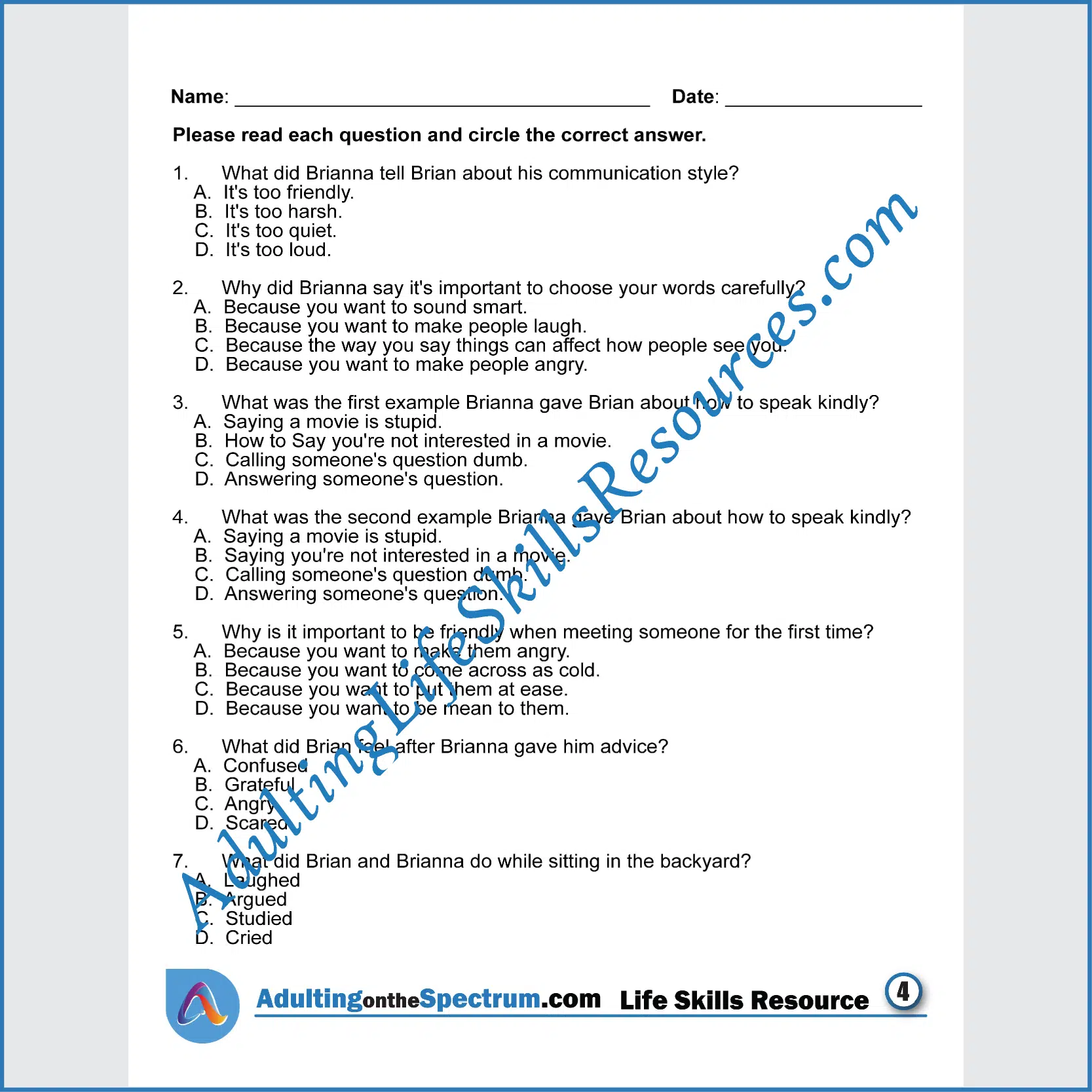 Adulting Life Skills Resources SPED Social Skills handouts for middle and high school students covers How to Speak with Kindness.