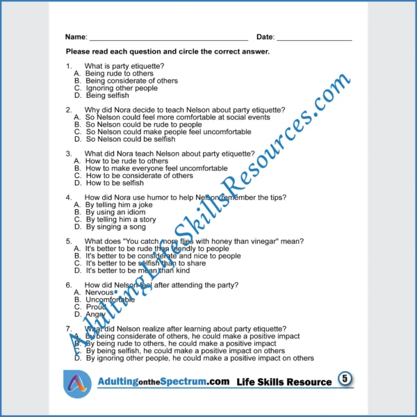 Adulting Life Skills Resources SPED Social Skills printables for middle and high school students covers Party Etiquette.