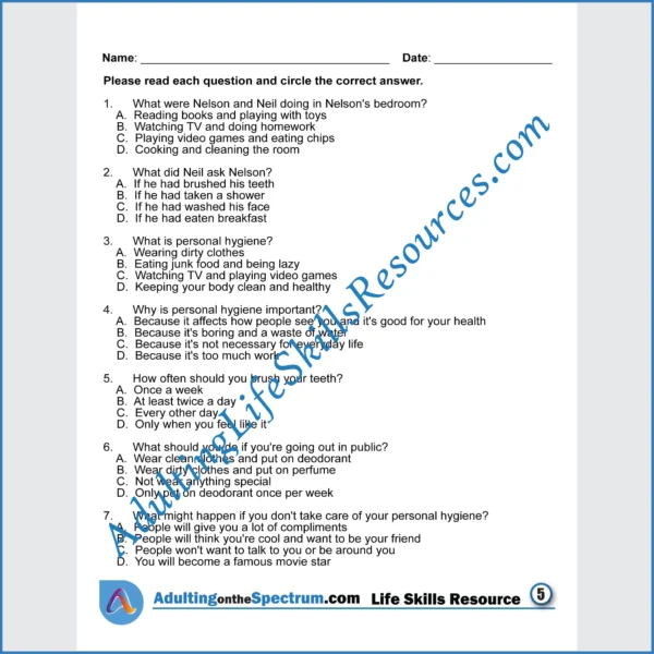 Adulting Life Skills Resources SPED Social Skills worksheet for middle and high school students covers Good Personal Hygiene.