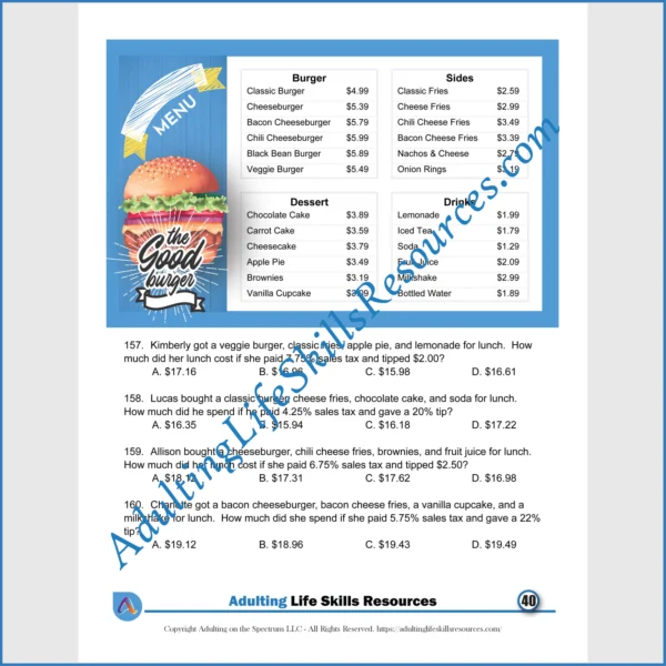 Reading Menus Level 3 is a money math worksheet for middle and high school students to improve their personal finance skills.
