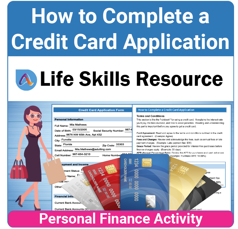 Adulting Life Skills Resources Personal Finance Special Education activity for high school students covering How to Complete A Credit Card Application.