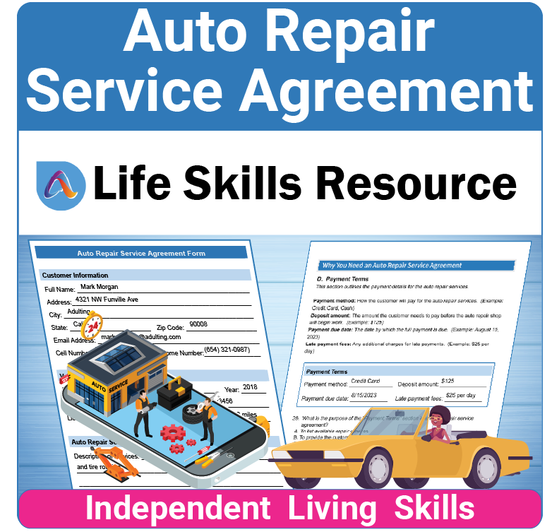 Adulting Life Skills Resources Independent Living Skills Special Education activity for high school students covering How to Complete An Auto Repair Service Agreement.