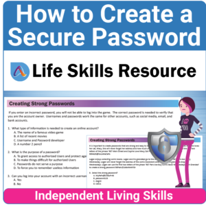 Adulting Life Skills Resources Independent Living Skills Special Education activity for high school students covering How to Create a Secure Password.