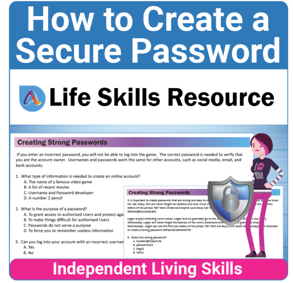 Adulting Life Skills Resources Independent Living Skills Special Education activity for high school students covering How to Create a Secure Password.