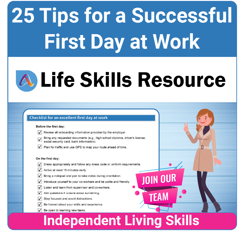 Adulting Life Skills Resources Career Exploration Special Education activity for high school students covering the Tips to Have a Successful First Day at Work.