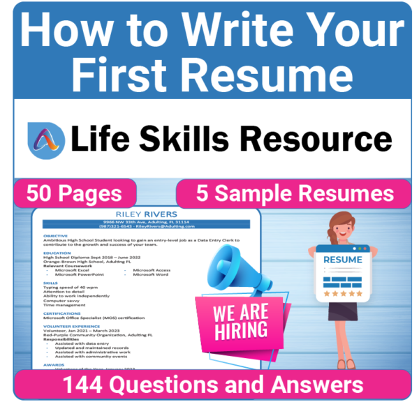 Adulting Life Skills Resources Career Exploration Special Education activity for high school students covering How to Write a First Resume.