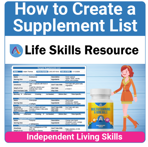 Adulting Life Skills Resources Medical Safety Special Education activity for middle and high school students covering How to Create and Manage a Supplement List.