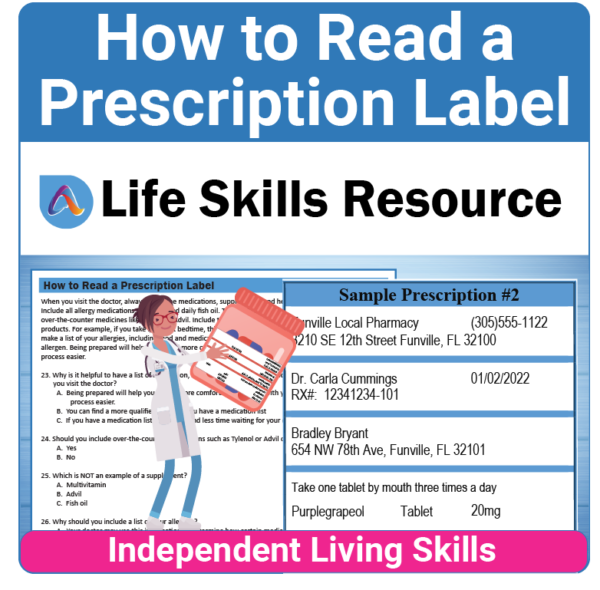 Adulting Life Skills Resources Medical Safety Special Education activity for middle and high school students covering How to Read a Prescription Label.
