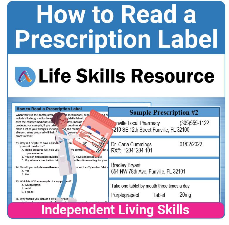 Adulting Life Skills Resources Medical Safety Special Education activity for middle and high school students covering How to Read a Prescription Label.