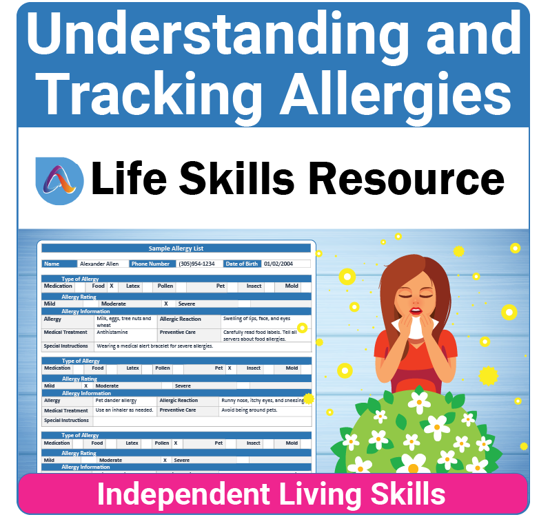Adulting Life Skills Resources Medical Safety Special Education activity for middle and high school students covering How to Create and Manage Allergy Tracking List.