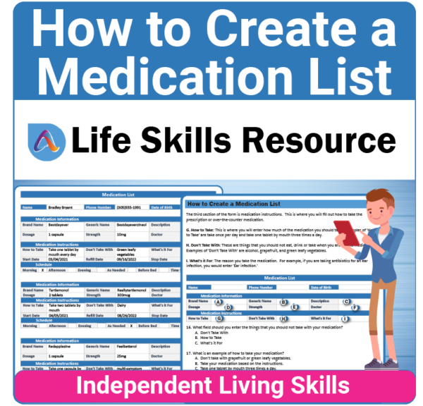 Adulting Life Skills Resources Medical Safety Special Education activity for middle and high school students covering How to Create a Medication List.