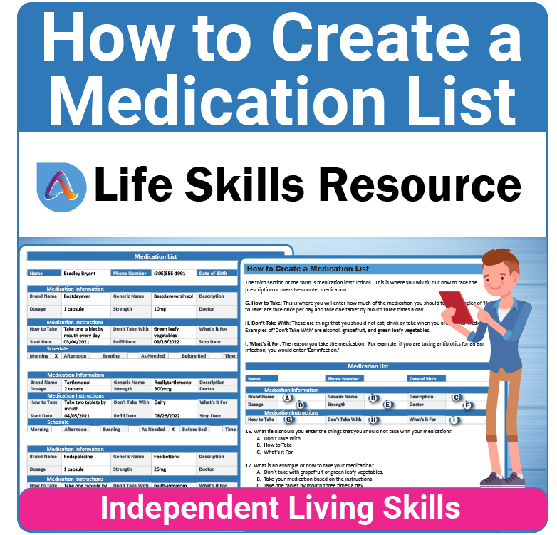 Adulting Life Skills Resources Medical Safety Special Education activity for middle and high school students covering How to Create a Medication List.