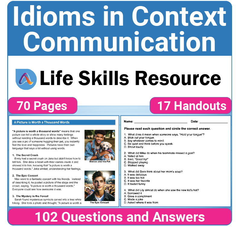 Adulting Life Skills Resources SPED Idiom in Context for Figurative Language worksheet for middle and high school students covers Communication.
