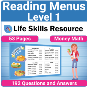 Adulting Life Skills Resources SPED Money Math worksheet printable for middle and high school students covers Reading Restaurant Menus and calculating the costs of breakfast and lunch.