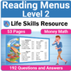 Adulting Life Skills Resources SPED Money Math worksheet printable for middle and high school students covers Reading Restaurant Menus and calculating the costs of breakfast, lunch, and taxes.