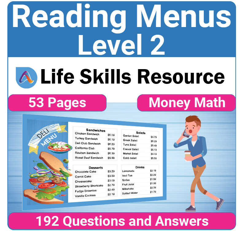 Adulting Life Skills Resources SPED Money Math worksheet printable for middle and high school students covers Reading Restaurant Menus and calculating the costs of breakfast, lunch, and taxes.