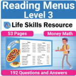 Adulting Life Skills Resources SPED Money Math worksheet printable for middle and high school students covers Reading Restaurant Menus and calculating the costs of breakfast, lunch, taxes, and tipping.