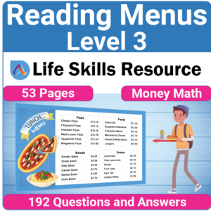Adulting Life Skills Resources SPED Money Math worksheet printable for middle and high school students covers Reading Restaurant Menus and calculating the costs of breakfast, lunch, taxes, and tipping.