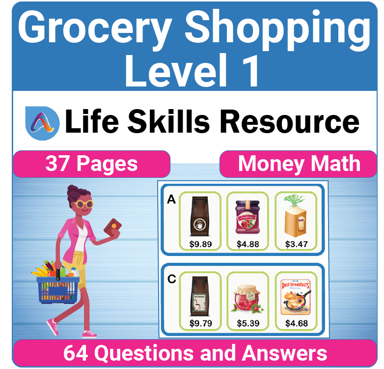 Adulting Life Skills Resources SPED Money Math worksheet printable for middle and high school students covers buying groceries.