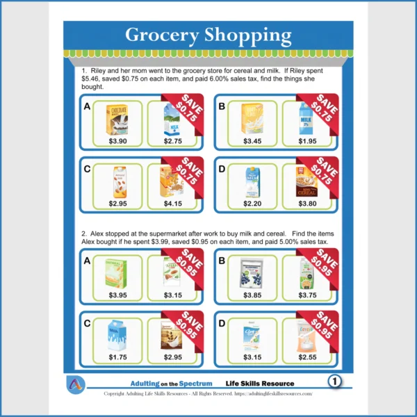 Free Money Math Worksheet - Grocery Shopping