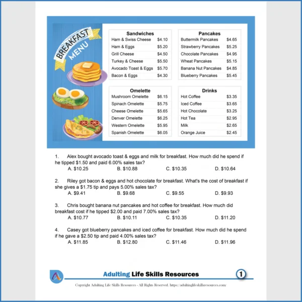 Free Money Math Worksheet - Reading Menus